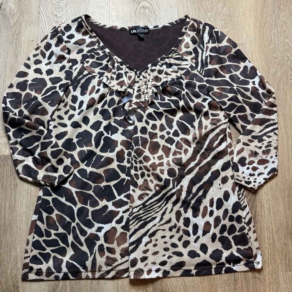 Y2K Animal‎ Print I.N. Studio XL top blouse flutter collar